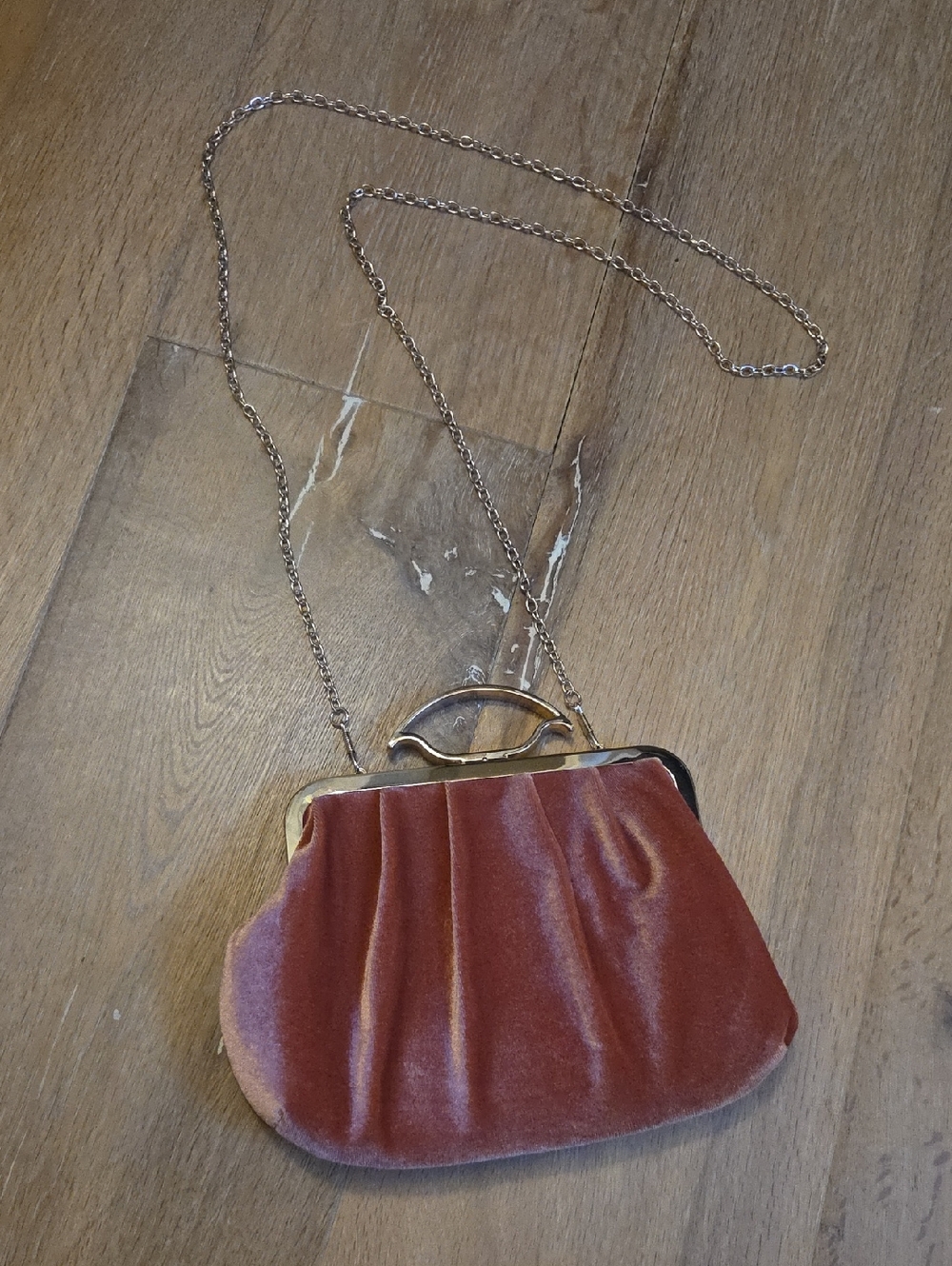 Estee & Lilly Pink Peach Velvet Purse Bag Gold Removable Chain